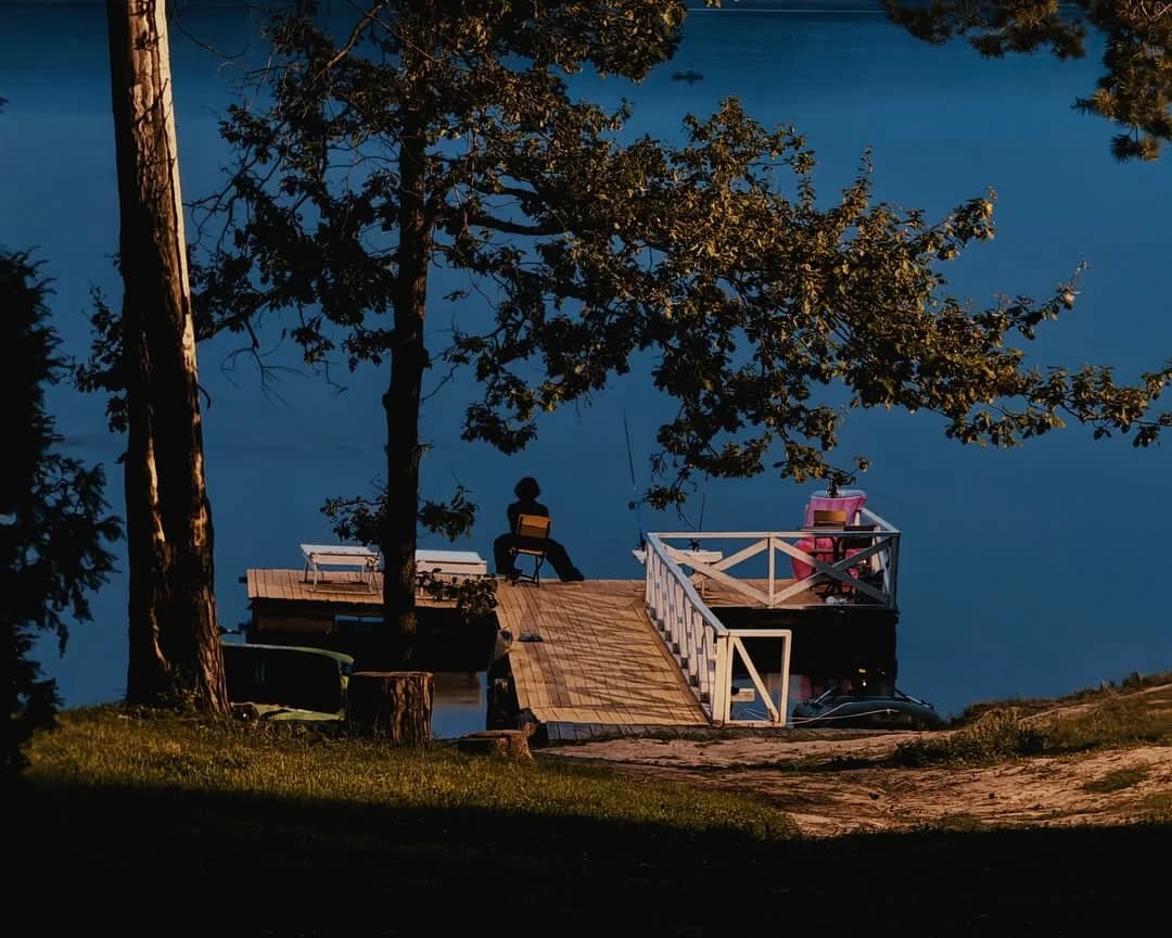 A quiet lakeside pier framed by sunlit trees.
